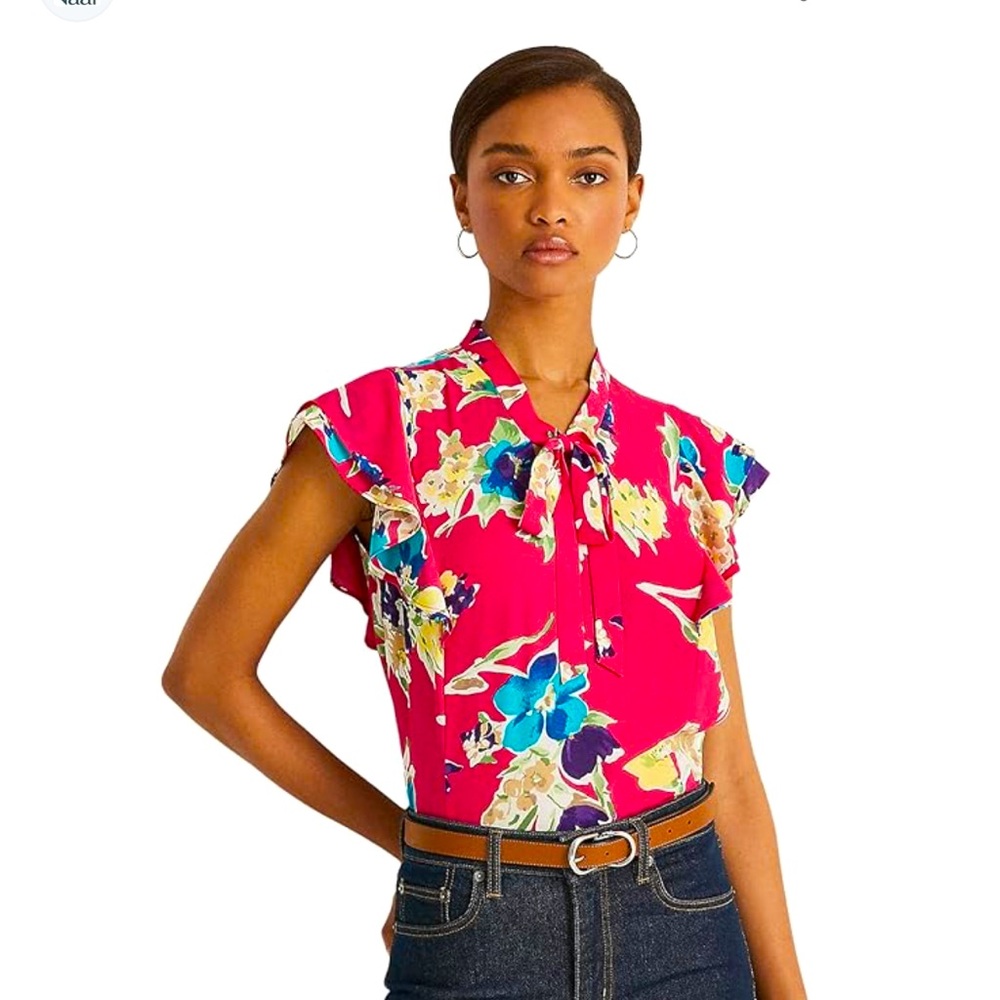 Lauren Ralph Lauren Floral Georgette Tie-Neck Blouse.